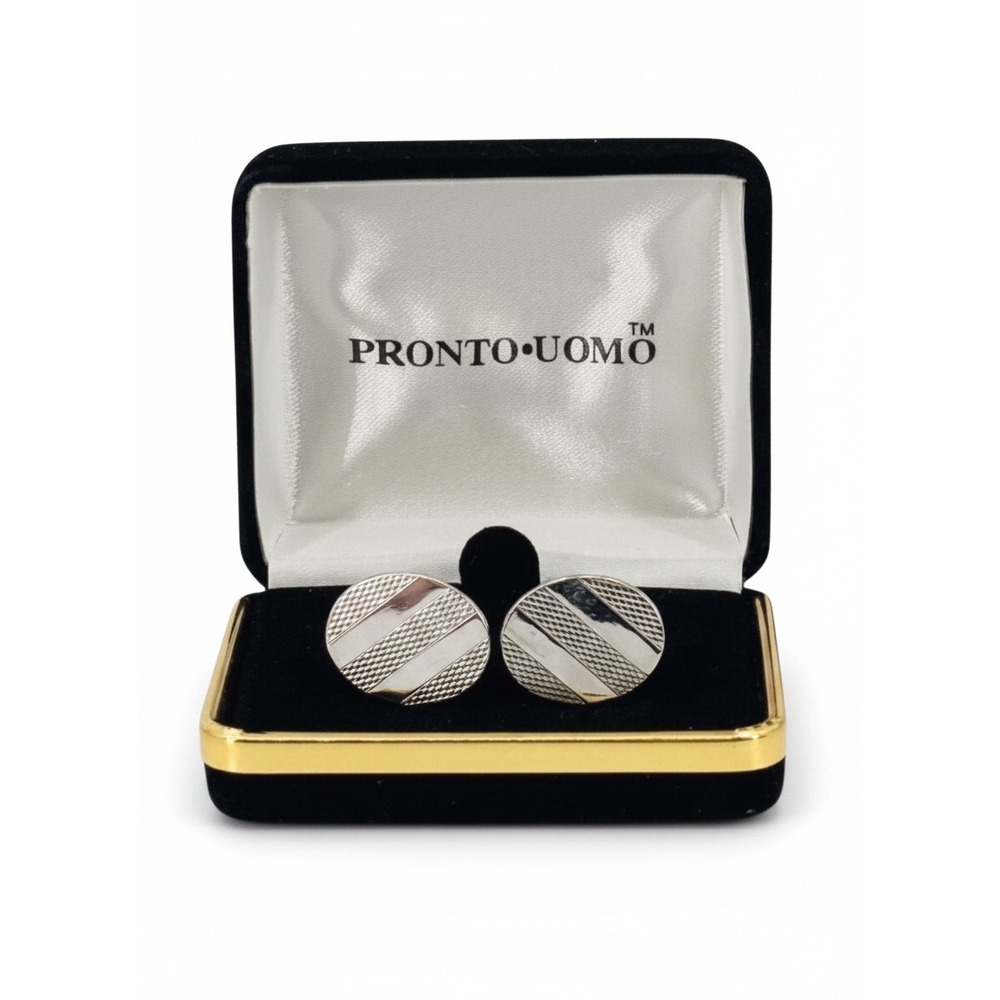 Pronto Uomo Silver Tone Round Cufflinks Diagonal Stripe Textured with Box Mens